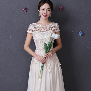 Fantasy Bride Short-Sleeve Lace Evening Gown