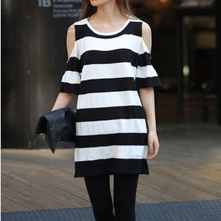 Everose Elbow-Sleeve Cutout-Shoulder Stripe Dress