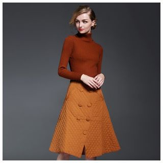 Y:Q Long-Sleeve Stand Collar Button Dress