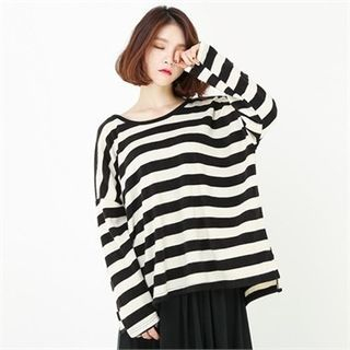 GLAM12 Wool Blend Stripe-Pattern Oversized Knit Top