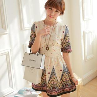 Chuvivi Elbow-Sleeve Printed A-Line Dress