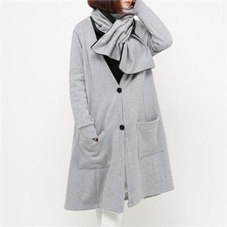 GLAM12 Fleece-Lined V-Neck Long Jacket with Scarf