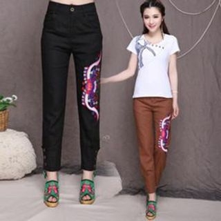 Sayumi Embroidered Slim-Fit Pants