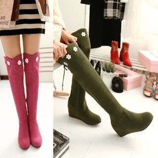 JY Shoes Flower Accent Hidden Wedge Tall Boots
