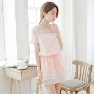 Tokyo Fashion Short-Sleeve Tulle-Panel Drawstring-Waist Top