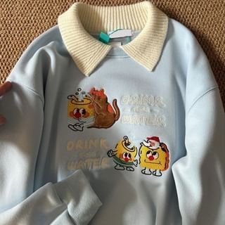 Collared Cartoon Embroidered Pullover