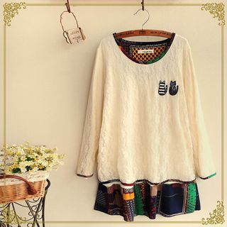Fairyland Cat Embroidered Mock Two Piece Blouse