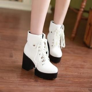 JY Shoes Platform Chunky-Heel Lace- Up Short Boots