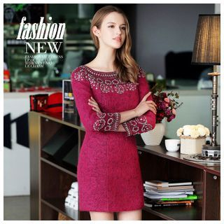 Ozipan Long-Sleeve Wool Blend Beaded Dress