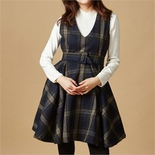MAGJAY Wool Blend Sleeveless Checked Dress with Belt