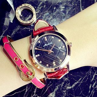 Nanazi Jewelry Rhinestone Genuine Leather Strap Watch