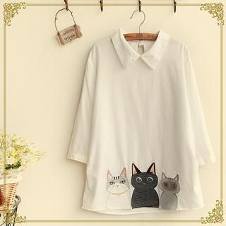 Fairyland 3/4-Sleeve Cat Embroidered Shirt