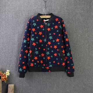 Blue Rose Print Fleece-Lined Zip Jacket