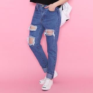Heynew Cutout Distressed Slim-Fit Jeans