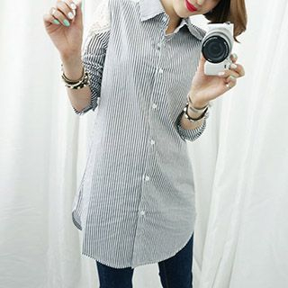Fashion Street Long-Sleeve Lace Panel Pinstriped Blouse