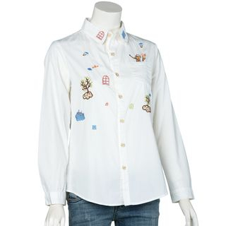 Blue Rose Embroidered Long-Sleeve Shirt