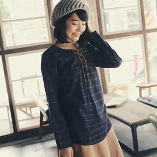 Tokyo Fashion Long-Sleeve Lace-Up Plaid Top