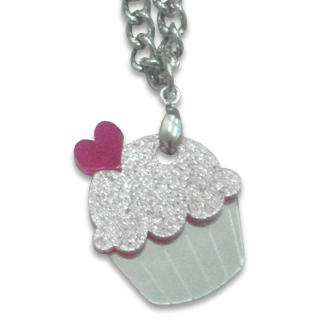 Sweet & Co. Sweet Glitter Pink Mirror Cupcake Silver Necklace