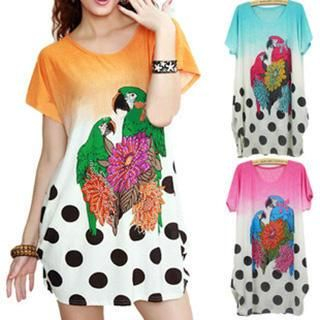 Hotprint Rhinestone Parrot Print T-Shirt Dress