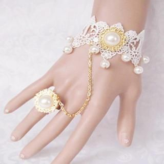 Fit-to-Kill Lace Gothic Pearls Bracelet & Ring Set  White - One Size