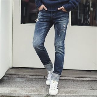MITOSHOP Distressed Washed Slim-Fit Jeans