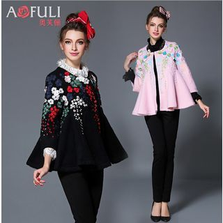 Ovette Flower Embroidered Snap Button A-Line Jacket