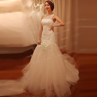 Angel Bridal One-Shoulder Lace Wedding Dress