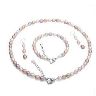 ViVi Pearl Set: Multicolor Freshwater Pearl Necklace + Bracelet + Earrings