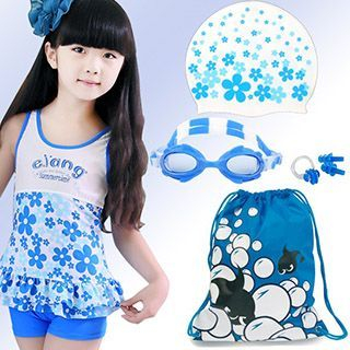 Aqua Wave Kids Set of 5 : Fish Printed Drawstring Bag + Swim Hat + Goggles + Ear Plugs + Nose Clip