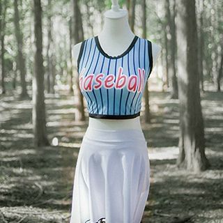 Moonrise Swimwear Set : Letter Pinstriped Tankini + Cover-up Skirt