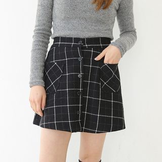 Envy Look Button-Front Check A-Line Mini Skirt