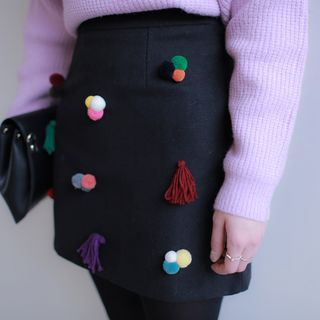 WITH IPUN Pom Pom Appliqu  Wool Blend Mini Skirt