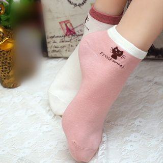 Olgo Contrast-Trim Cat-Print Socks