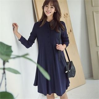 ode' Mandarin-Collar Half-Placket Shirred Dress