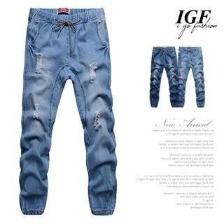 I Go Fashion Drawstring Distressed Ankle-Band Jeans