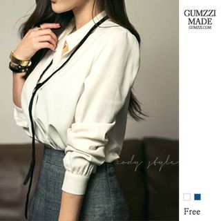 GUMZZI Mandarin-Collar Tie-Front Chiffon Blouse