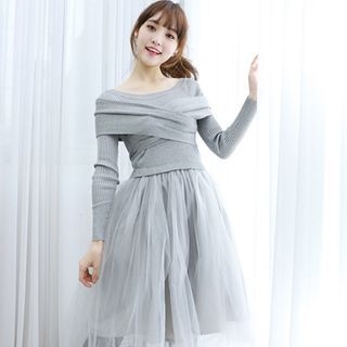 Dodostyle Tulle-Panel Wrap-Front A-Line Dress