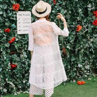 SUYISODA Lace Perforated Long Cardigan