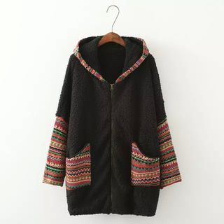 Aigan Patterned-Panel Hooded Fleece Coat
