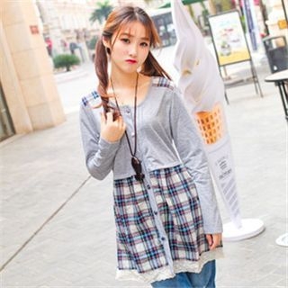 11.STREET Plaid Stitching Long-Sleeved Dress