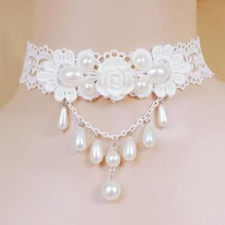 Fit-to-Kill Lace Princess Pearls Tear Drops Necklace  White - One Size