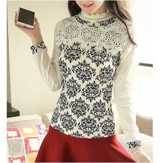 Soft Luxe Lace Panel Mock Neck Long-Sleeve Print Top