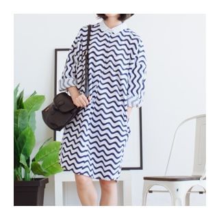 Blu Pixie Long-Sleeve Wave Pattern Shirt Dress