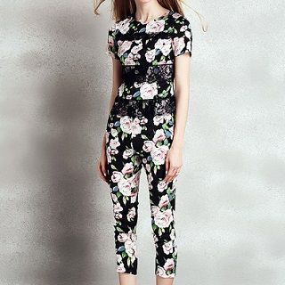 Ozipan Set: Lace Panel Floral Top + Cropped Pants