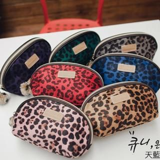 Pompom-Accent Leopard Print Cosmetic Bag