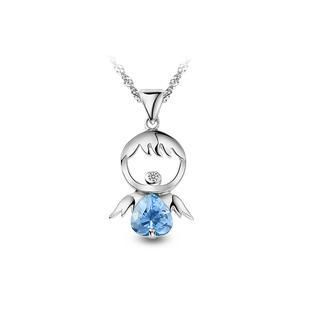 BELEC White Gold Plated 925 Sterling Silver Angel Pendant with Blue Crystal and Necklace