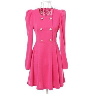 FURIFS Double-Breasted Puff Shoulder Long-Sleeve Dress