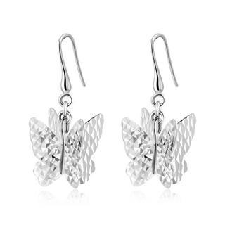 MaBelle 14K Italian White Gold Diamond Cut 3D Butterfly Dangle Drop Fishhook Earrings