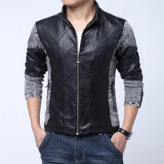 Bay Go Mall Faux-Leather Panel Biker Jacket