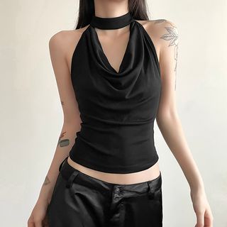 Halter Cowl Neck Plain Crop Top